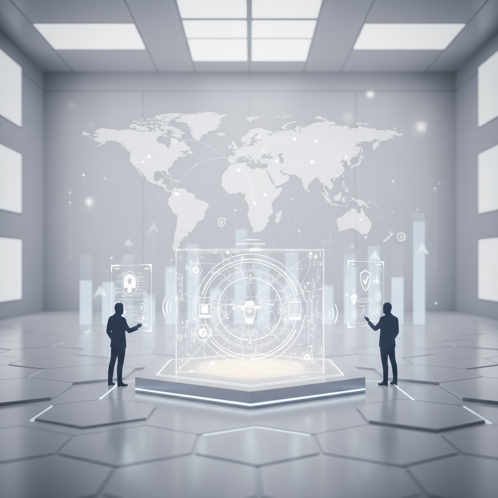 Two men in a high-tech room, standing in front of a holographic interface with various visuals, set against a world map.